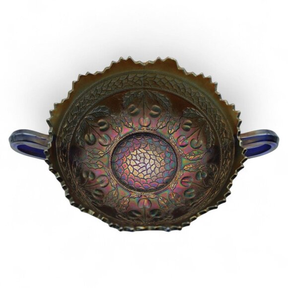 Vintage Fenton Carnival Glass Cherry Circles Bonbon Leaf & Bead Pattern Bowl Wit - Picture 5 of 7